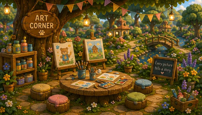 Canvases, paints and wooden stools make a warm art studio.