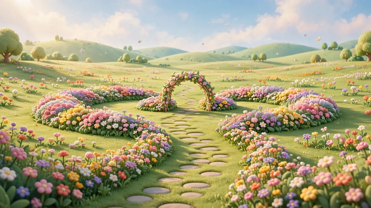 Butterflies and colourful flowers fill a gentle meadow.