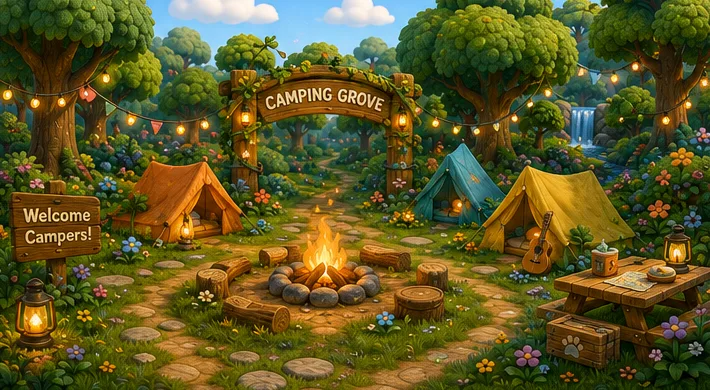 Rounded tents and a campfire nestle among the trees.