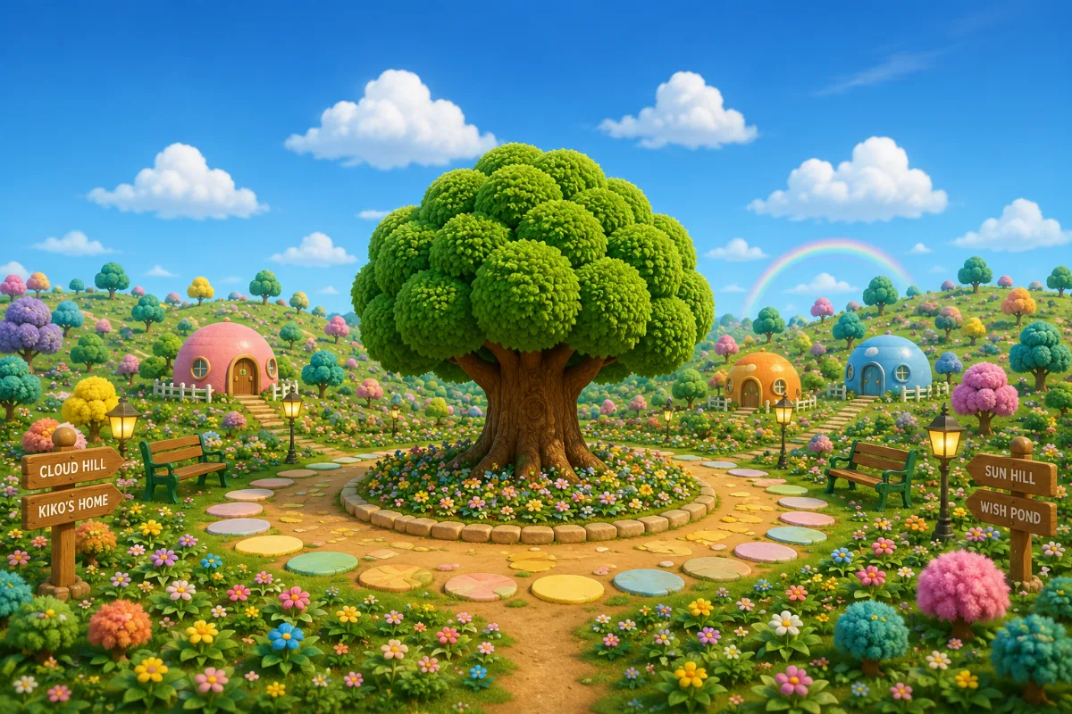 A great round tree stands among colourful homes and flower-lined paths.