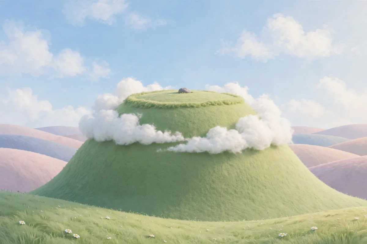 A soft green hill rises toward broad, drifting clouds.