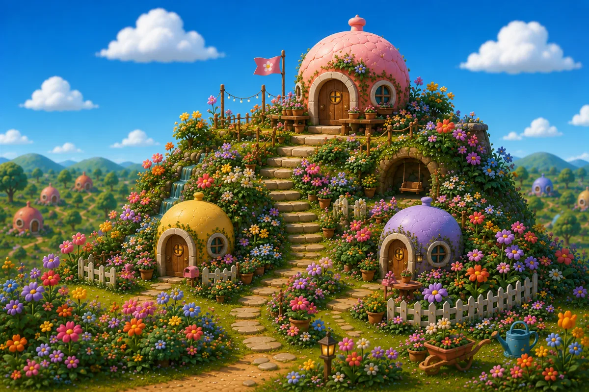 A curving path winds through a hillside of colourful flowers and round homes.