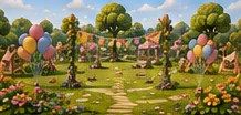 An open green meadow offers space for picnics and shared games.