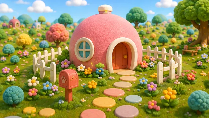A round pink cottage sits behind a white fence among bright flowers.