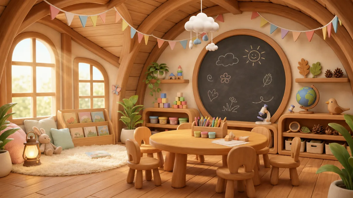 Warm wooden tables, small chairs and a reading corner fill the sunny room.