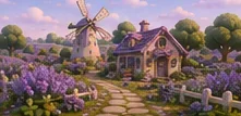 Purple lavender rows surround wooden beehives and windmills.