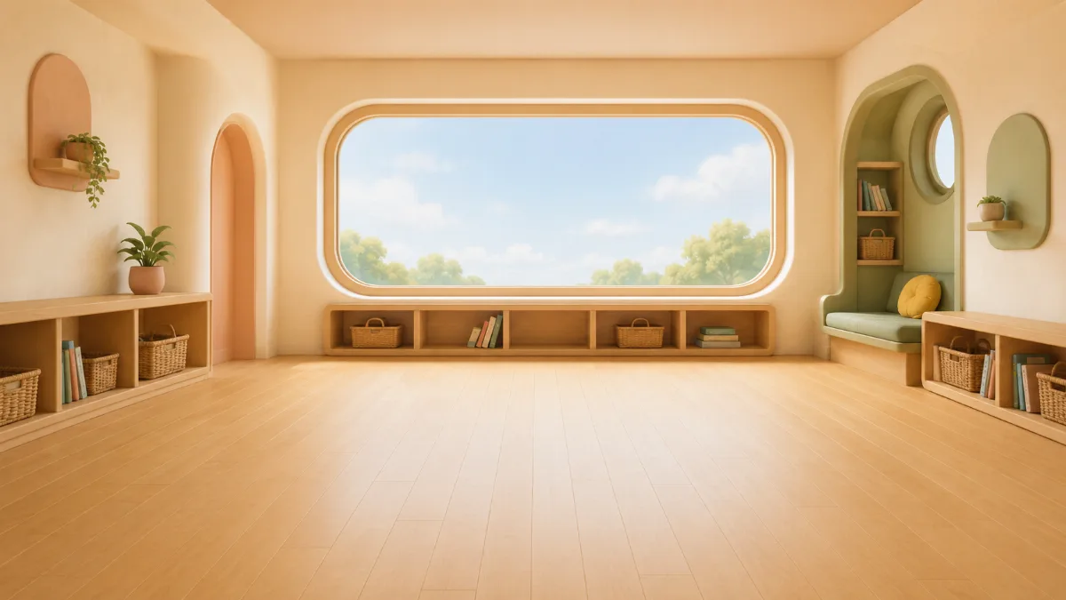 A broad open play floor, low shelves and a wide window create a calm building room.