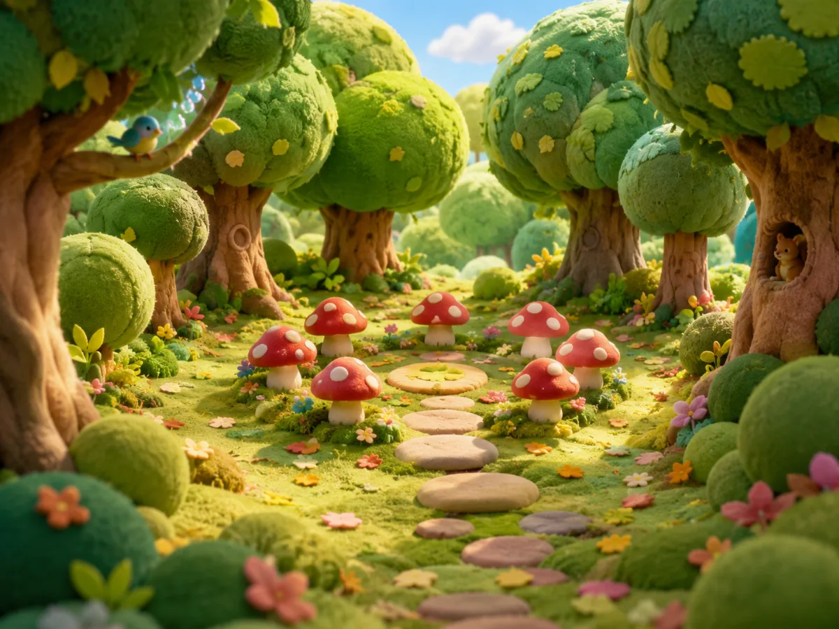 Round green trees surround a path and a circle of red-and-white mushrooms.