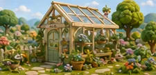 Rounded glass panels shelter shelves of green plants and pots.