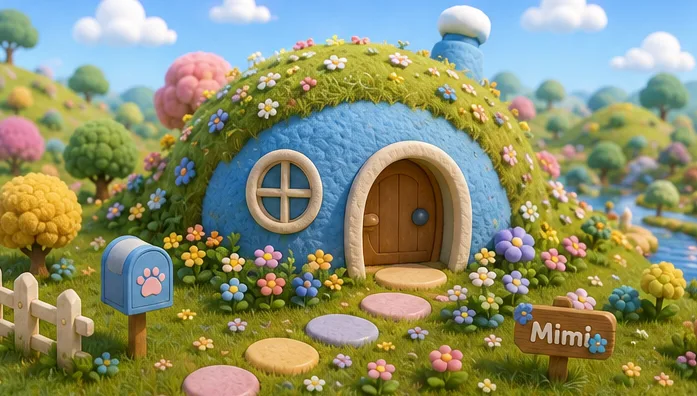 A blue-framed round burrow opens beneath a flower-covered grassy mound.