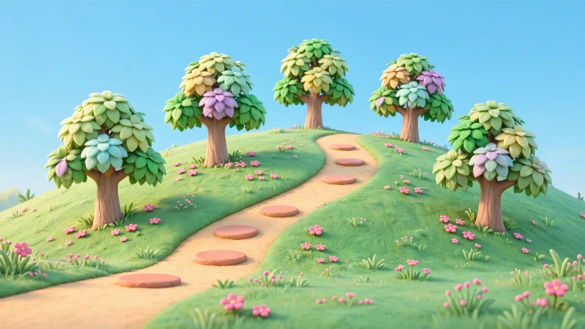 A winding path passes rounded trees with soft pastel leaf clusters.
