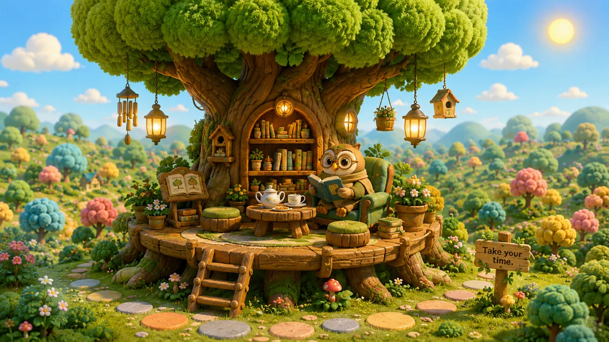 A great leafy tree shelters a wooden reading platform and warm lanterns.