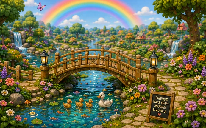 A colourful arched bridge spans a gentle stream among flowers.