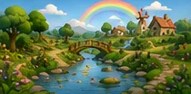 A clear stream winds among coloured stones and a small wooden bridge.