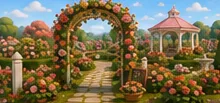 Rose beds and curving paths surround a peaceful garden fountain.