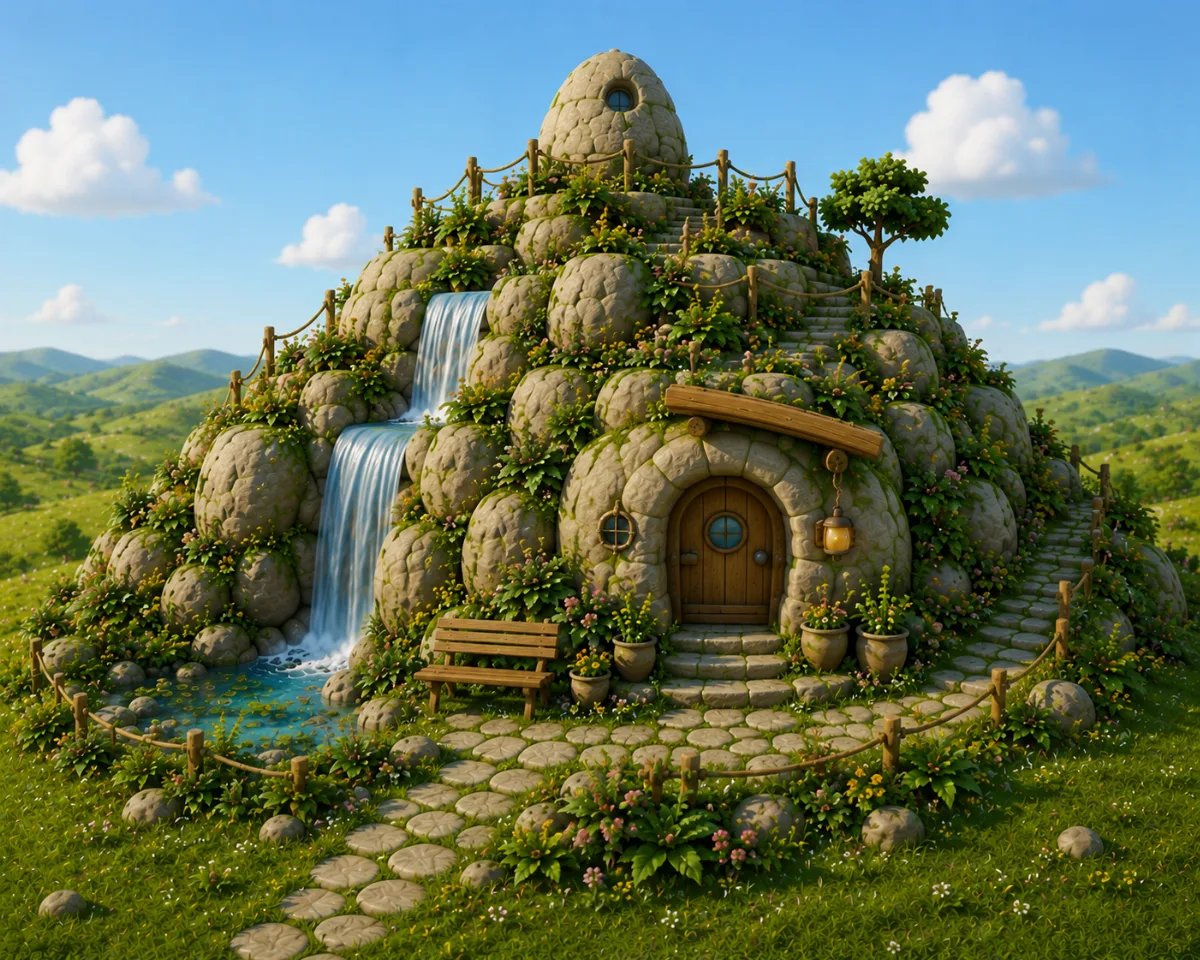 Rounded stones, small caves and waterfalls shape a gentle rocky hill.
