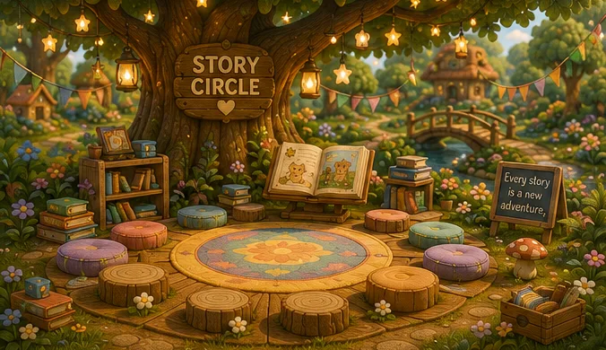 Round seats gather beneath an old tree in a warm, quiet storytelling space.