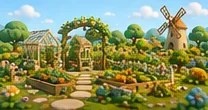 Round garden beds, seedlings and watering tools create a place for growing plants.