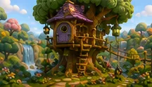 A rounded wooden treehouse sits among leaves and warm honey-coloured branches.