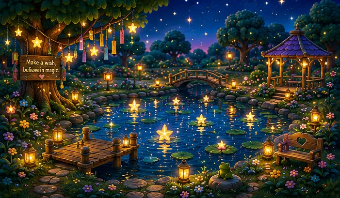 Lanterns and star reflections brighten a calm pond at night.